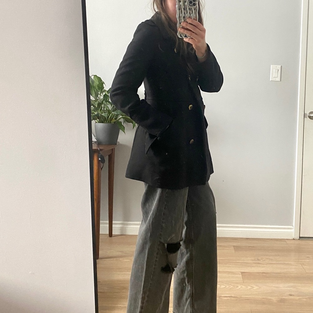 Zara black jacket peacoat coat fitted gold buttons small double breasted
